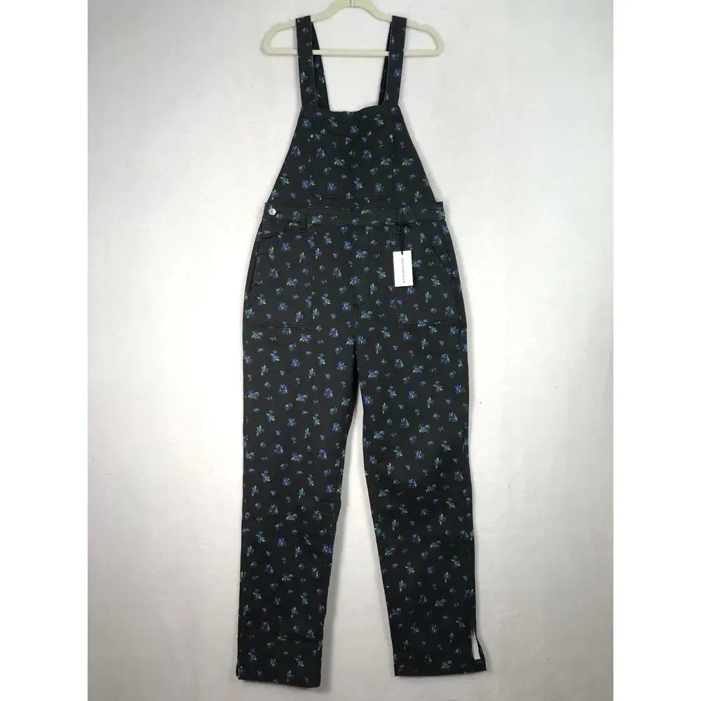 We Wore What Overalls Large Black Ditsy Floral Baggy Denim Stretch Y2K Festival - Picture 3 of 16